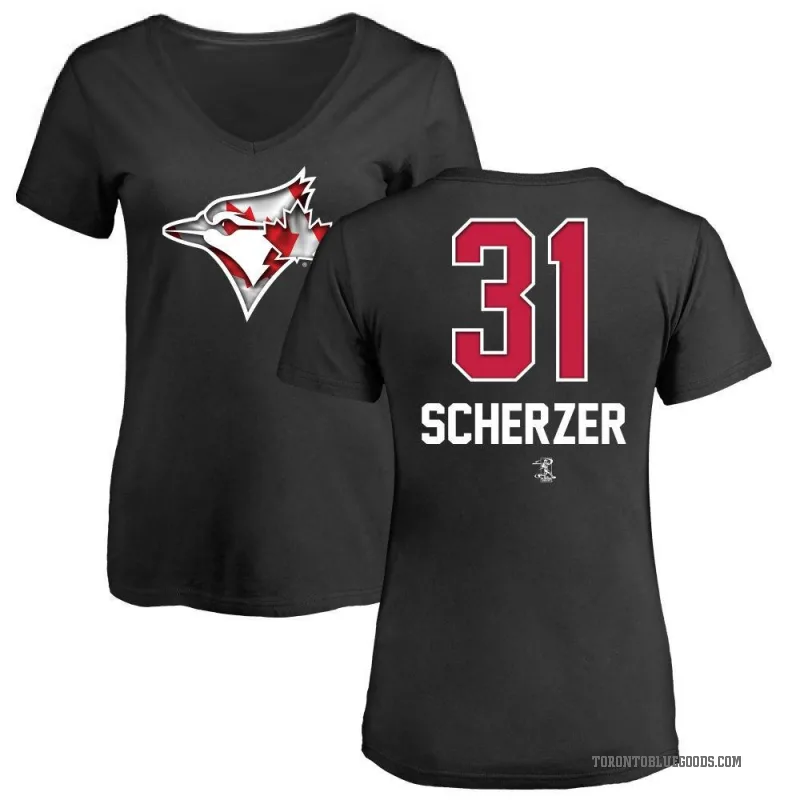 Max Scherzer Women's Black Toronto Blue Jays Name and Number Banner Wave V-Neck T-Shirt -